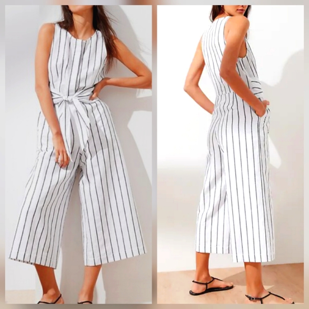 Banana Republic White Cropped Wide Leg Linen Blend Nautical Stripes Jumpsuit